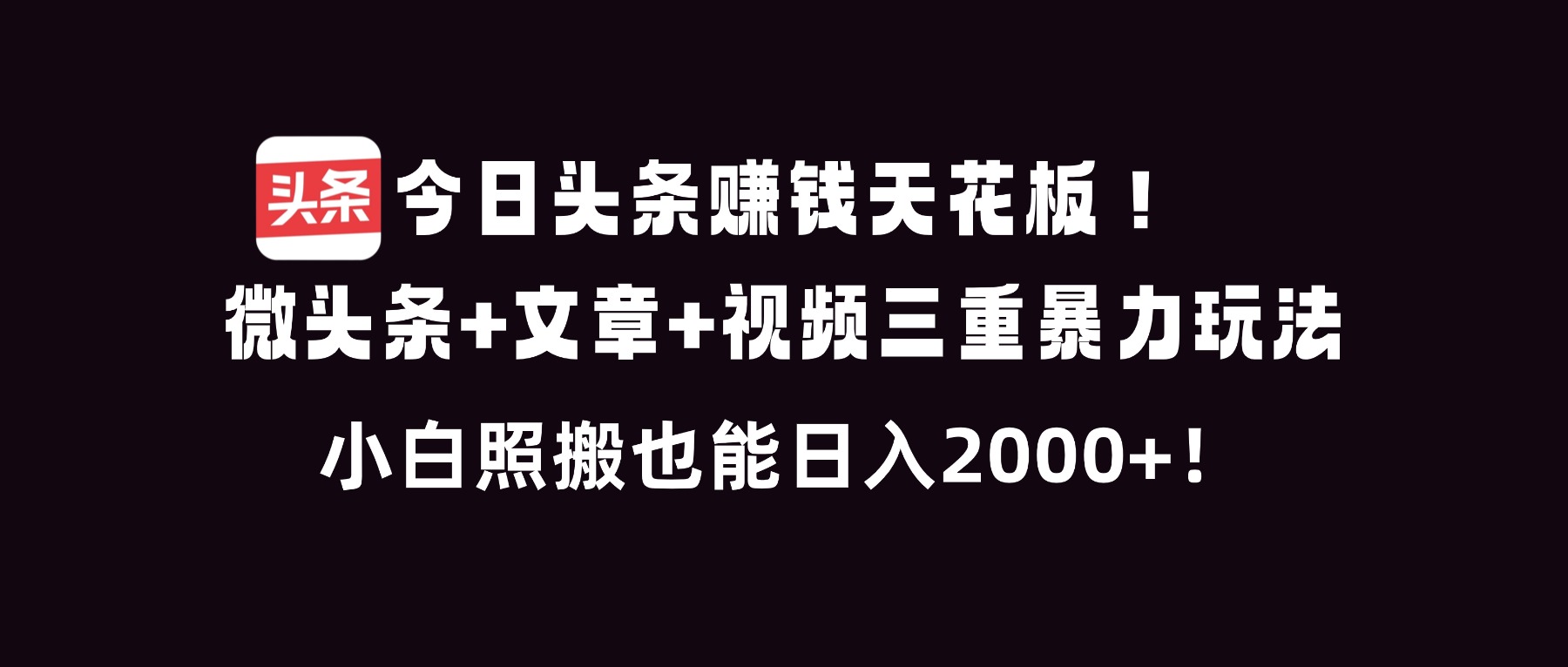 今日头条赚钱天花板！微头条+文章+视频三重暴利玩法，小白照搬也能日人2000+-智云网创 - 网创副业项目资源站