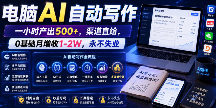 电脑AI自动写作，一小时产出500+，渠道直给，0基础月增收1-2W，永不失业【揭秘】-智云网创 - 网创副业项目资源站