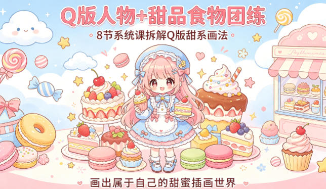 Q版人物+甜品食物团练，8节系统课拆解Q版甜系画法，画出属于自己的甜蜜插画世界-智云网创 - 网创副业项目资源站