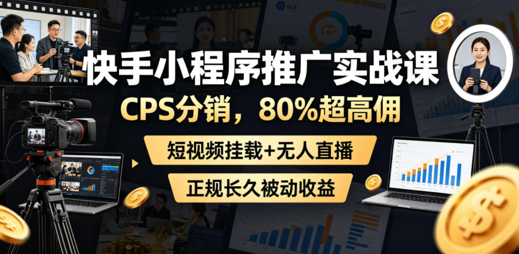 快手小程序推广实战课，CPS分销，80%超高佣，短视频挂载+无人直播，正规长久被动收益-智云网创 - 网创副业项目资源站
