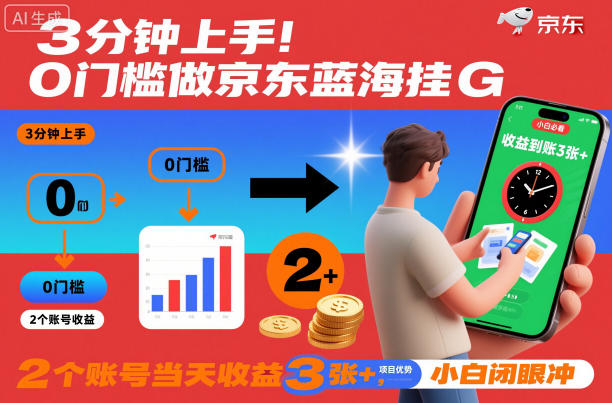 3分钟上手！0门槛做京东蓝海全自动掘金，2个账号当天收益3张+，小白闭眼冲【揭秘】-智云网创 - 网创副业项目资源站
