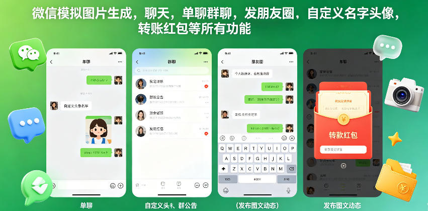 微信模拟图片生成,聊天,单聊群聊,发朋友圈,自定义名字头像,转账红包等所有功能都可以生成-智云网创 - 网创副业项目资源站