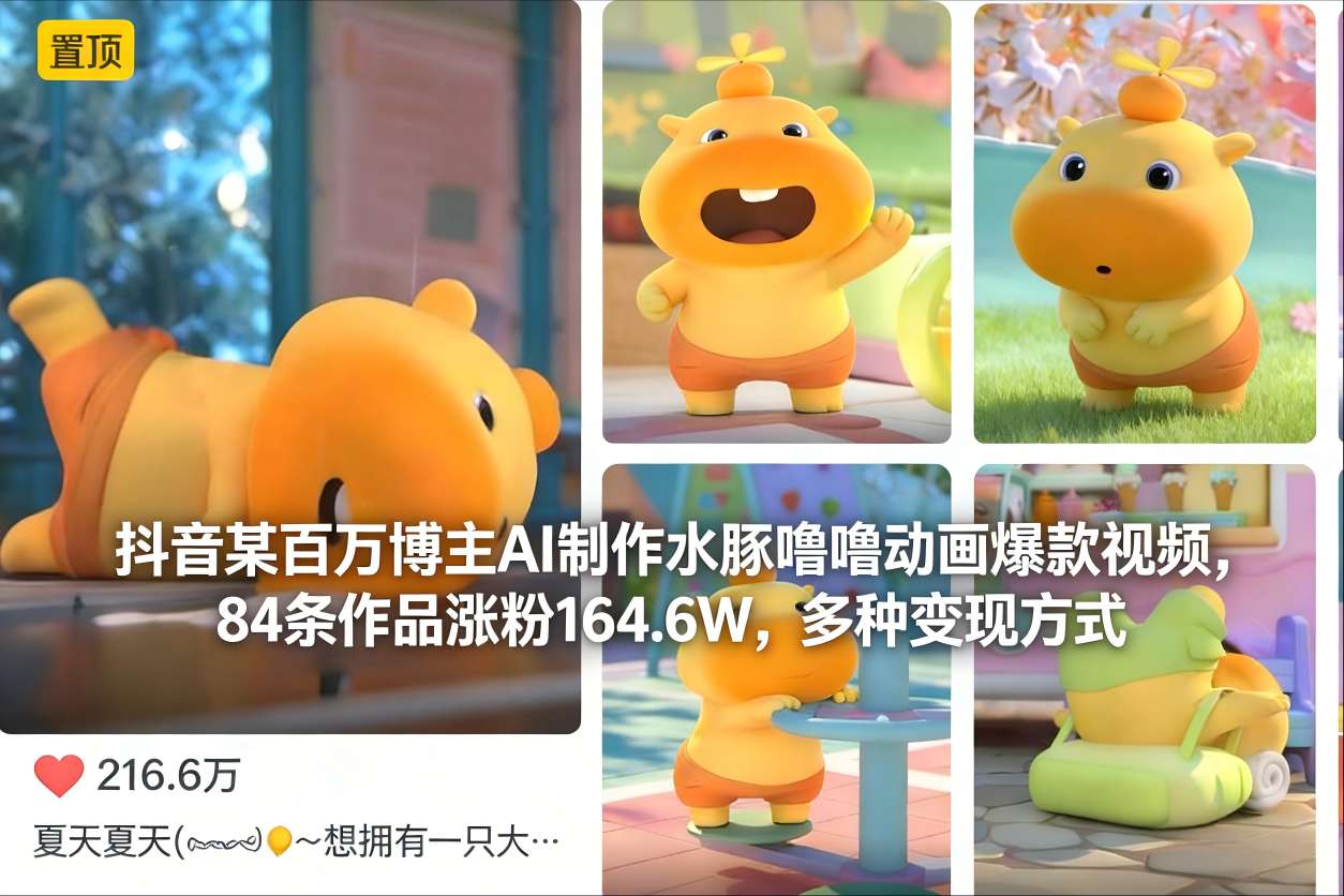 抖音某百万博主AI制作水豚噜噜动画爆款视频，84条作品涨粉164.6W，多种变现方式-智云网创 - 网创副业项目资源站