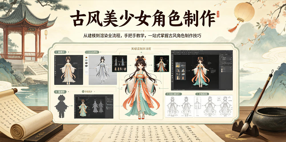 古风美少女角色制作,从建模到渲染全流程,手把手教学,一站式掌握古风角色制作技巧-智云网创 - 网创副业项目资源站