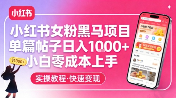 小红书女粉黑马项目，单篇帖子日入1k+，小白零成本上手-智云网创 - 网创副业项目资源站